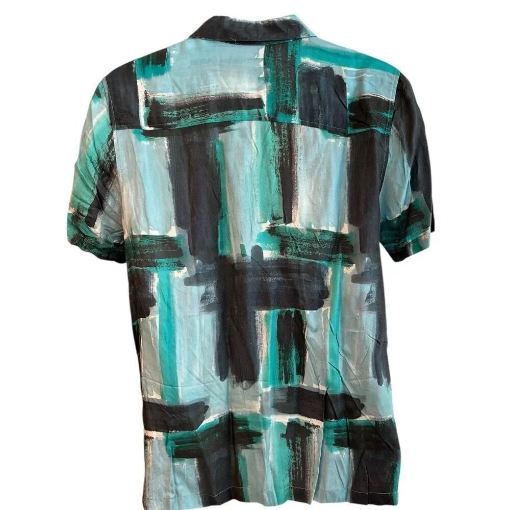 Topman Mens Small Green Colorful Abstract Print Short Sleeve Button Up Shirt